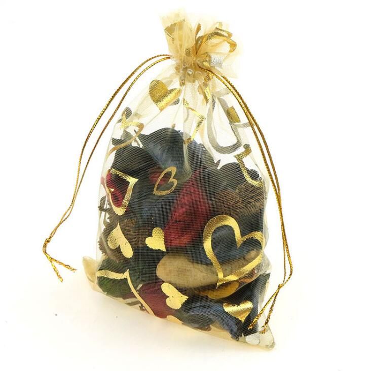 100pcs Gold Heart Organza Packing Bags Jewellery Pouches Wedding Favors Christmas Party Gift Bag ZZ