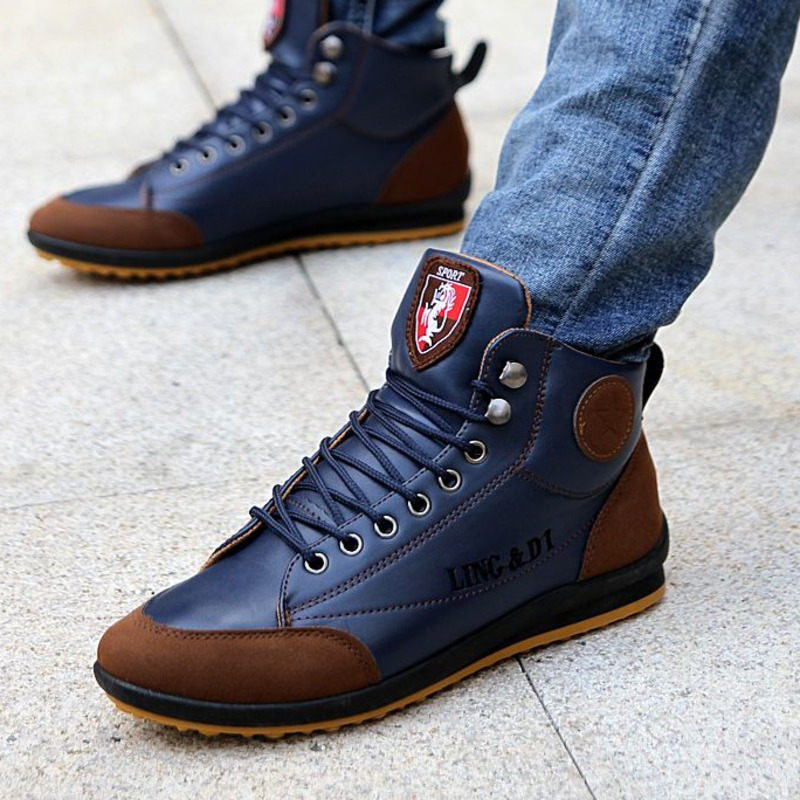 Boots Men Leather PU Shoes Plus Size Fashion Sneakers Man Casual Ankle Loafers Hightop Nonslip Student Trainers 230831