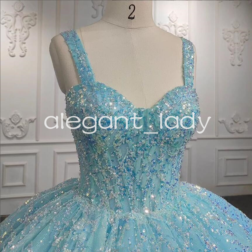 Sky Blue Princess Gillter Quinceanera Dresses Sweetheart Sparkly Sequins Applique Corset Puffy Sweet 15 vestidos de gala