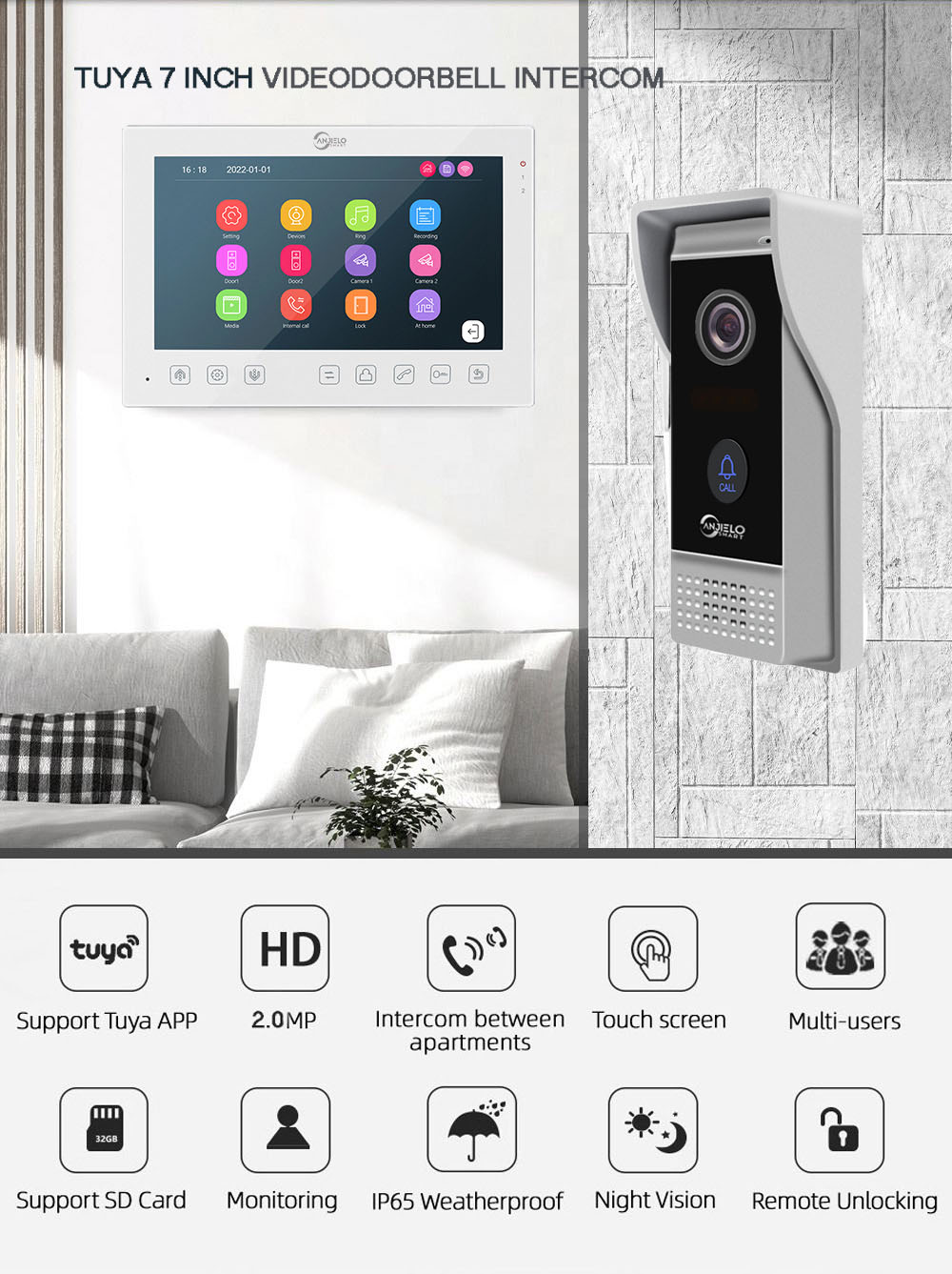 Latest Smart Home Video Intercom System 1080P Wide View Angle Wired 7 lnch Screen Monitor Night Vision For Home Villa Apartment