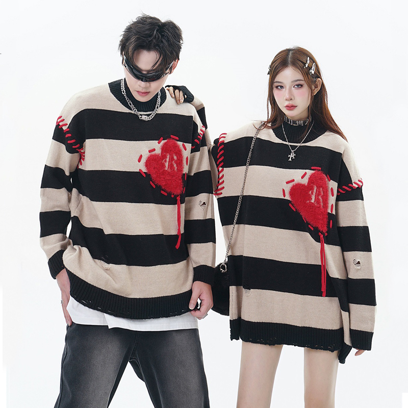 Men's Sweaters Men Ripped Streetwear Harajuku Knitted Heart Black Striped Holes Jumper 2023 Hip Hop Fashion Loose Pullover 230831