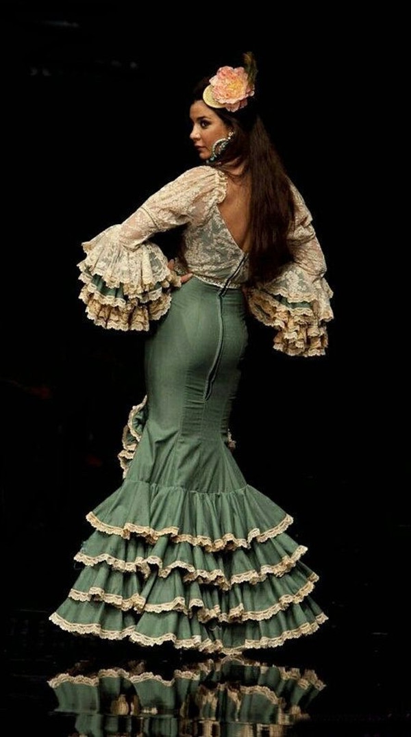 Champagne Green Moda Flamenca Prom Dresses Fairy Long Sleeve Lace Stain Ruffles Skirt Mermaid Spain Evening Gown Outfit