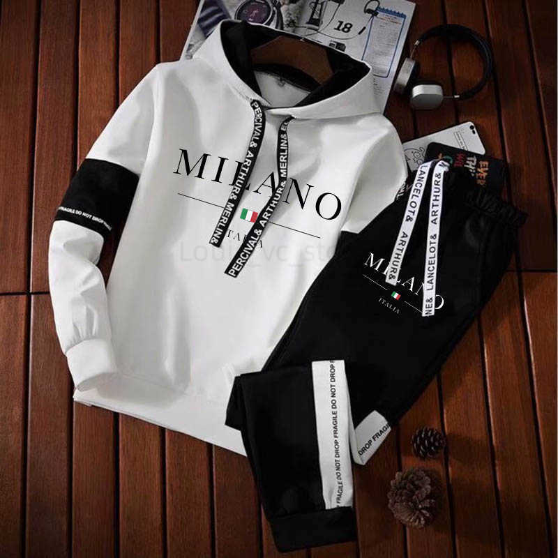 Men's Tracksuits Men Milano Letters Print Sweatshirt Set Hoodies Sweatpants Tracksuit Design Outfits Jogger Suit Male Pullover Luxury Streetwear T230921