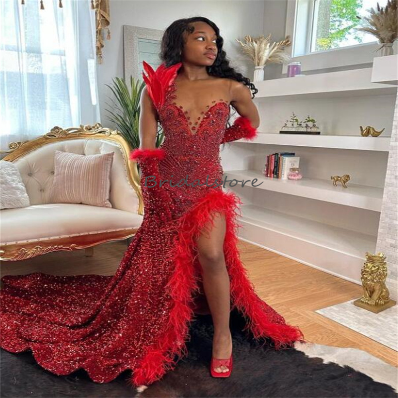 Red Sequin Luxury Evening Dress With Beaded Crystal Sparkly Feather Prom Dress For Black Girls Sexy Slit Formal Pageant Birthday Party Robes De Bal As