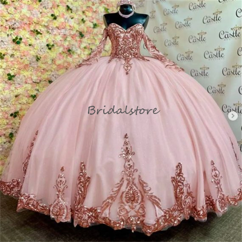 Princess Pink Sequin Quinceanera Dresses 2023 With Sleeve Glitter Bling Birthday Xv Vestido de 15 Anos Birthday Prom Pageant Sparkle Charro Vestidos P
