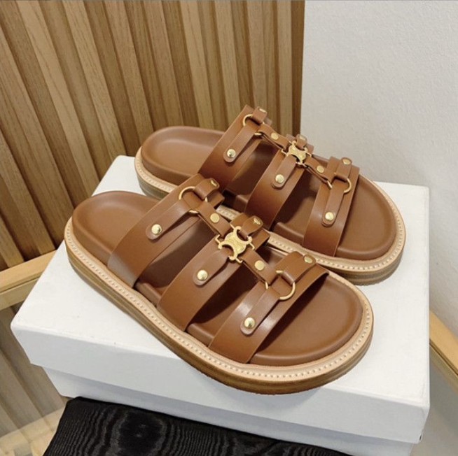 Lightly padded luxe flat slide CE slippers Triomphe Embossed Leather insole sandals open toes shoes luxury designer for women holiday flats sandals 35-40