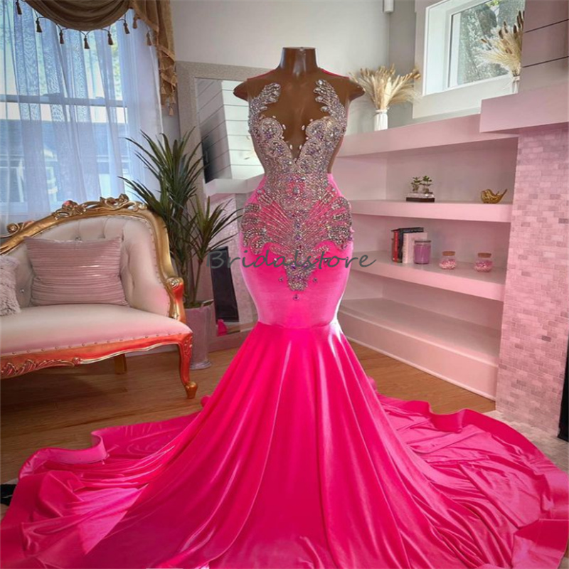 Luxury Hot Pink Crystal Prom Dress With Rhinstone Fishtail Mermaid Evening Gowns Black Girls Open Back Birthday Dance Party Gowns Elegant Formal Occas