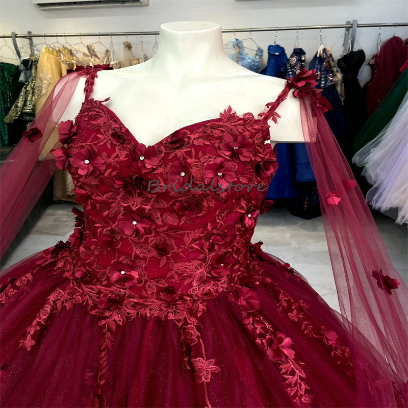 Fairy Burgundy Quinceanera Dress 2023 With Florals Elegant Cape Ball Gown Princess Prom Dress Pageant Dress Vestidos De 15 Anos Vestidos Debutantes Ma