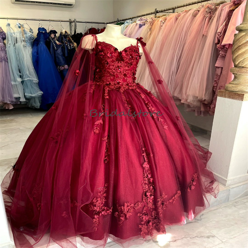 Fairy Burgundy Quinceanera Dress 2023 With Florals Elegant Cape Ball Gown Princess Prom Dress Pageant Dress Vestidos De 15 Anos Vestidos Debutantes Ma