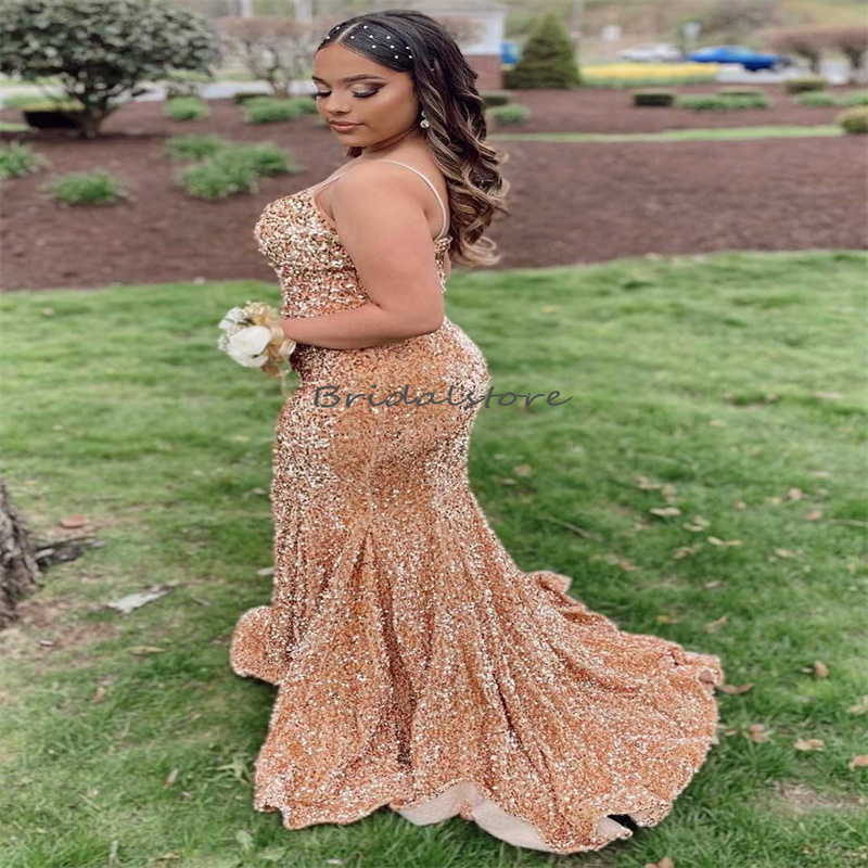 Sparkle Gold Sequin Evening Dress 2023 Glitter Mermaid Plus Size Prom Dress For Black Girls Formal Spaghetti Straps Birthday Party Robes De Bal Aso Eb
