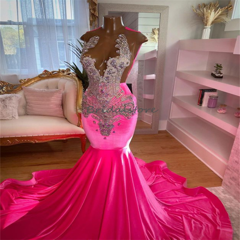 Luxury Hot Pink Crystal Prom Dress With Rhinstone Fishtail Mermaid Evening Gowns Black Girls Open Back Birthday Dance Party Gowns Elegant Formal Occas