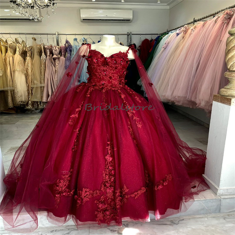 Fairy Burgundy Quinceanera Dress 2023 With Florals Elegant Cape Ball Gown Princess Prom Dress Pageant Dress Vestidos De 15 Anos Vestidos Debutantes Ma