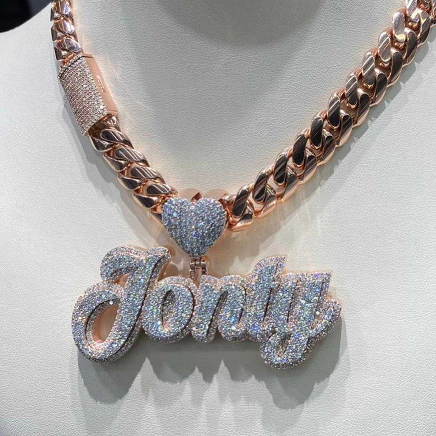 Custom pendant Hip Hop Moissante Luxury Jewelry Women Custom Iced out Name Pendant Necklace 925 Sier Cuban Chain Necklace in Rose Gold