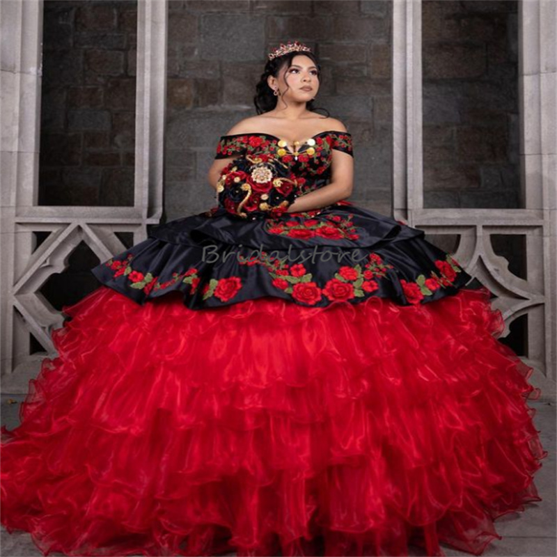 Gorgeous Mexican Quinceanera Dress 2023 Charro Para Black With Red Tiered Ruffles Flowers Sweet 15 Dress vestidos de xv Birthday Party Gowns vestidos 