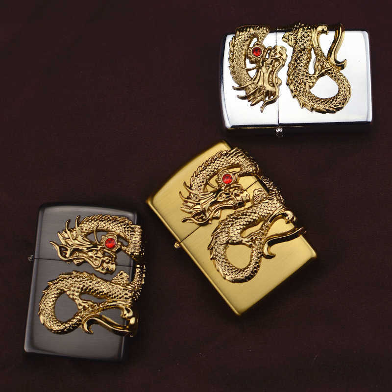 Metal Dragon Playing Ball Pattern Kerosene Windproof Grinding Wheel Inflatable Lighter Personalized Smoking Accessories Gadget EA4F W260202