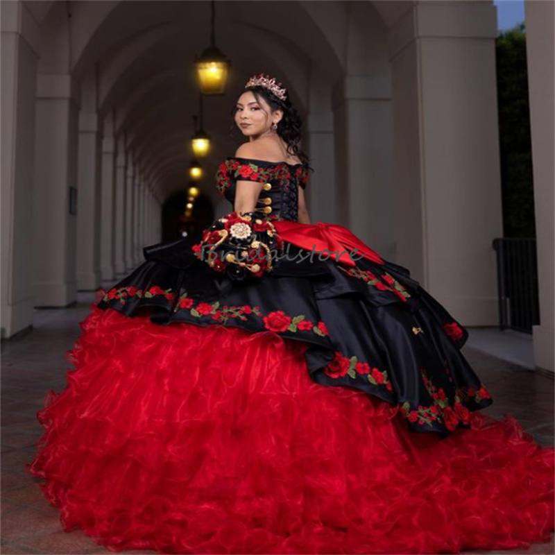 Gorgeous Mexican Quinceanera Dress 2023 Charro Para Black With Red Tiered Ruffles Flowers Sweet 15 Dress vestidos de xv Birthday Party Gowns vestidos 