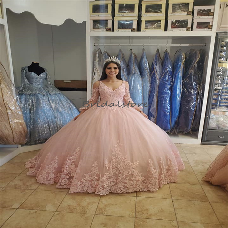 Beautiful Pink Quinceanera Dresses 2023 With Long Sleeve Princess Lace Ball Gown Fifteen Birthday Party Dress Xv Sweet 15 Dress Vestidos Para Xv Anos 