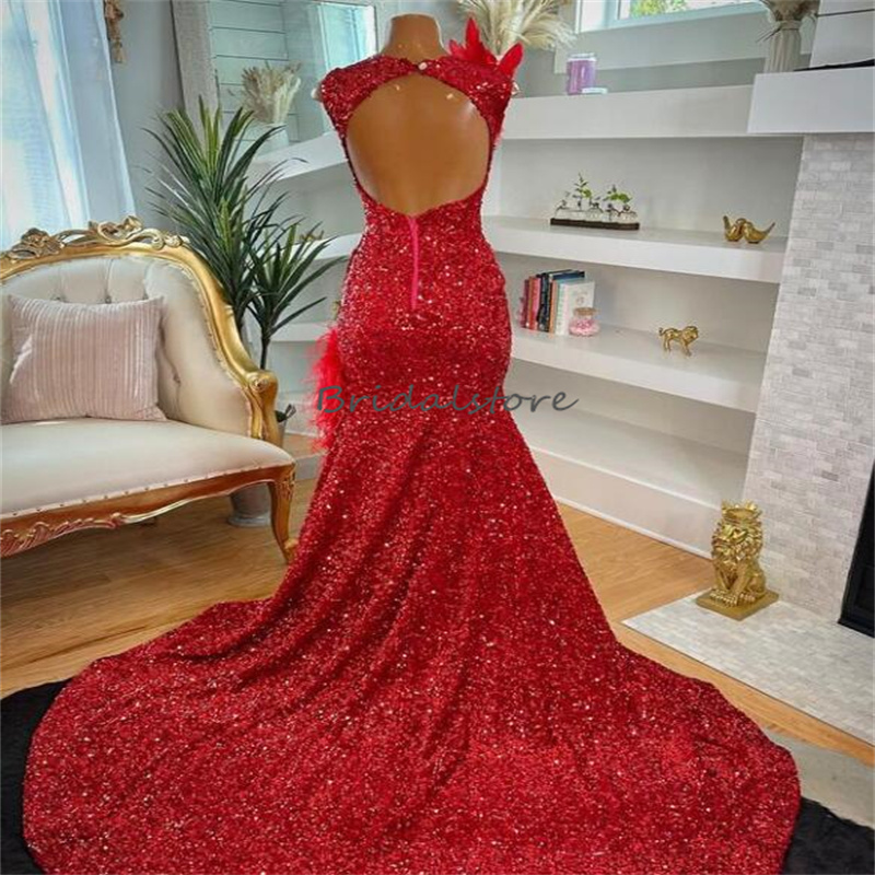 Red Sequin Luxury Evening Dress With Beaded Crystal Sparkly Feather Prom Dress For Black Girls Sexy Slit Formal Pageant Birthday Party Robes De Bal As