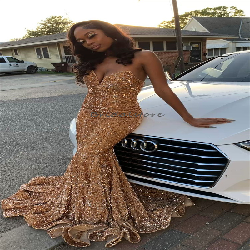 Sparkle Gold Sequin Evening Dress 2023 Glitter Mermaid Plus Size Prom Dress For Black Girls Formal Spaghetti Straps Birthday Party Robes De Bal Aso Eb
