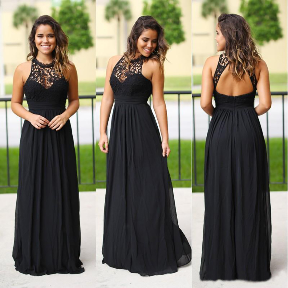 2023 Sexy Long Black Chiffon Junior Bridesmaids Dresses Halter Neck Cheap Lace Country Beach Summer Bridesmaid Dress Wedding Guest Party Gowns