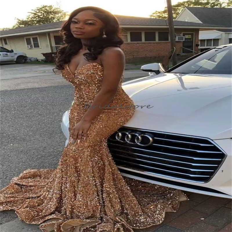 Sparkle Gold Sequin Evening Dress 2023 Glitter Mermaid Plus Size Prom Dress For Black Girls Formal Spaghetti Straps Birthday Party Robes De Bal Aso Eb