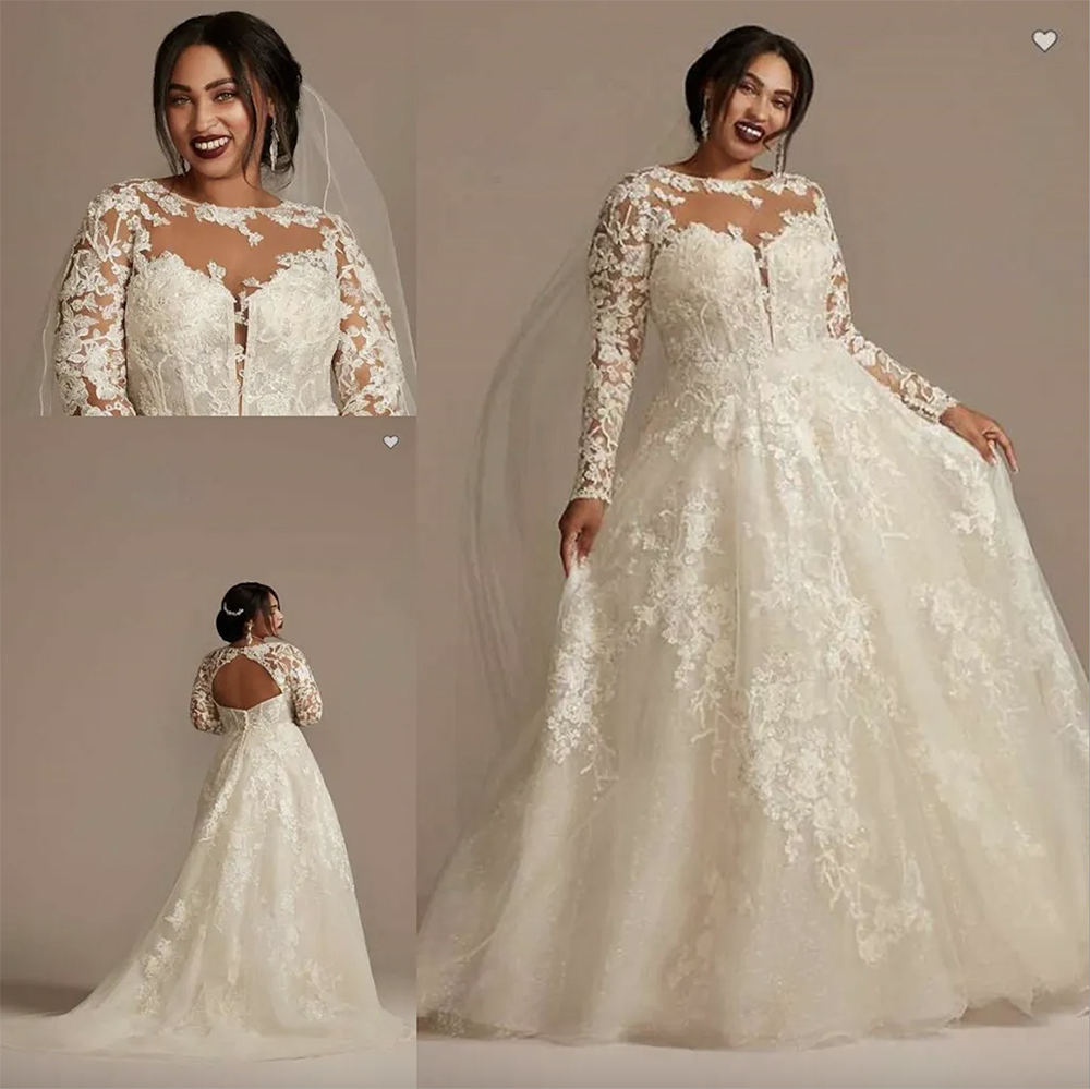 OLEG CASSINI Lace Illusion Long Sleeve Plus Size Wedding Dresses 2023 Sheer O-Neck Applique Ral Puffy Skirt Princess Bridal Gown Robes
