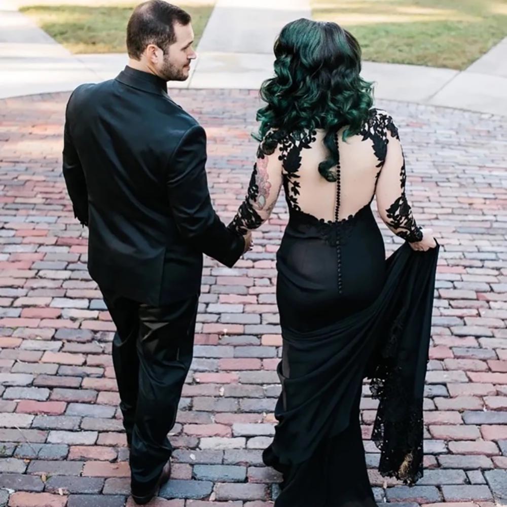 Bridal Gowns Black Wedding Dresses Formal Mermaid Trumpet Sweetheart Long Sleeve Satin Applique Beaded Illusion Plus Size New Custom Button