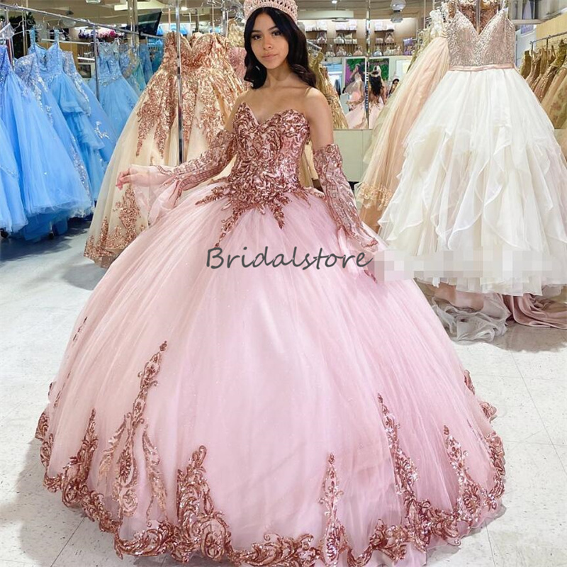 Princess Pink Sequin Quinceanera Dresses 2023 With Sleeve Glitter Bling Birthday Xv Vestido de 15 Anos Birthday Prom Pageant Sparkle Charro Vestidos P