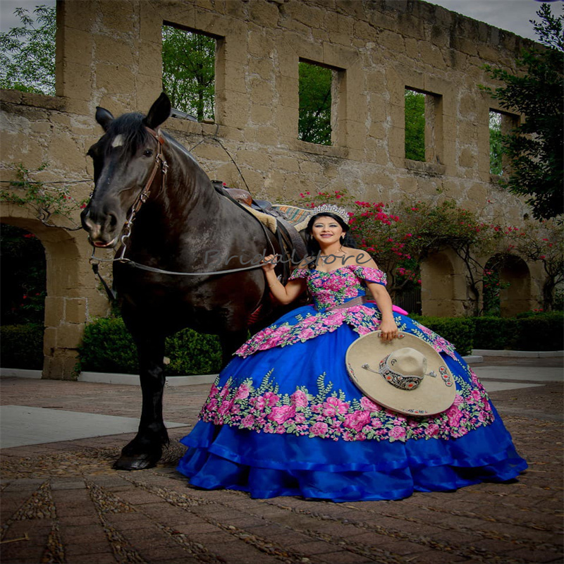 Blue Mexican Flower Quinceanera Dress Vestidos De 15 Quinceanera Corset xv anos Charro Plus Size Birthday Party Gowns Prom Para Vestidos Debutantes Ma