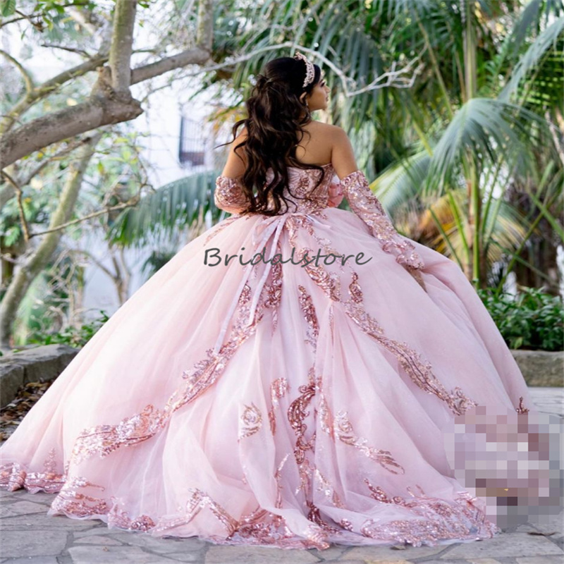 Princess Pink Sequin Quinceanera Dresses 2023 With Sleeve Glitter Bling Birthday Xv Vestido de 15 Anos Birthday Prom Pageant Sparkle Charro Vestidos P