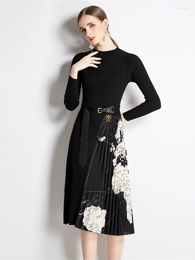 Casual Dresses Winter Chain Leopard Print Patchwork Sweater Dress Women Black Knitted Long Sleeve Lace Up Thick Warm Pleated Midi Robe