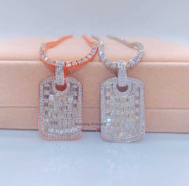 14k rose gold plated sterling sier hip hop men emerald cut vvs moissanite dia dog tag pendant