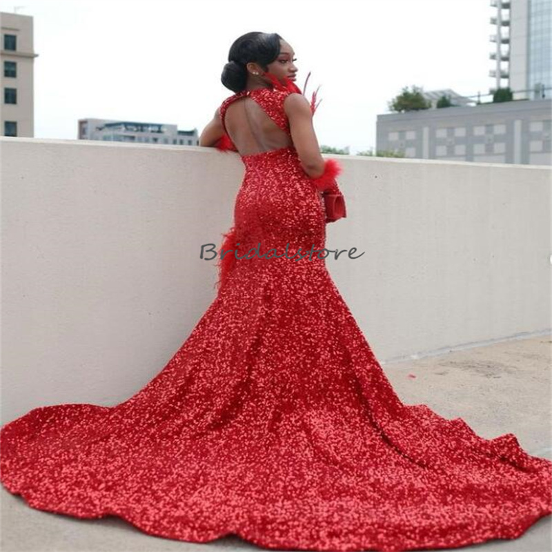 Red Sequin Luxury Evening Dress With Beaded Crystal Sparkly Feather Prom Dress For Black Girls Sexy Slit Formal Pageant Birthday Party Robes De Bal As