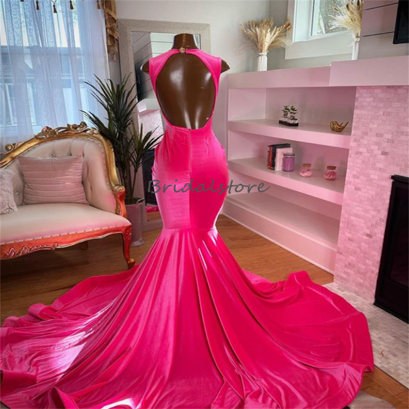 Luxury Hot Pink Crystal Prom Dress With Rhinstone Fishtail Mermaid Evening Gowns Black Girls Open Back Birthday Dance Party Gowns Elegant Formal Occas