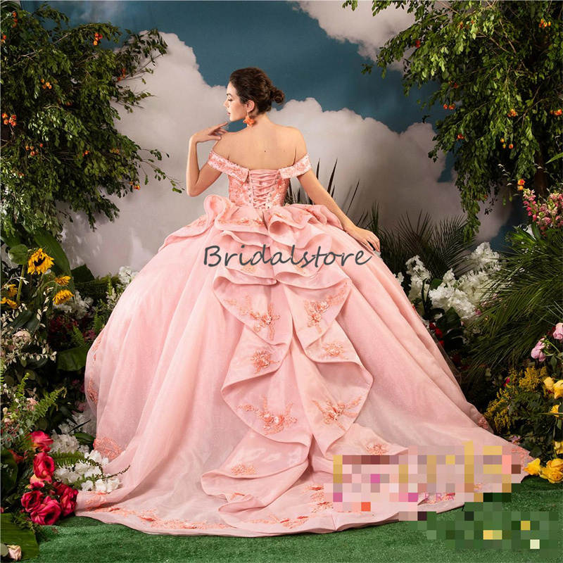 Charro Fairy Pink Quinceanera Dresses 2023 With Lace Princess Off Shoulders Xv Sweet 15 Dress Birthday Vestidos De Quinceanera 16 Flowers Vestidos Par