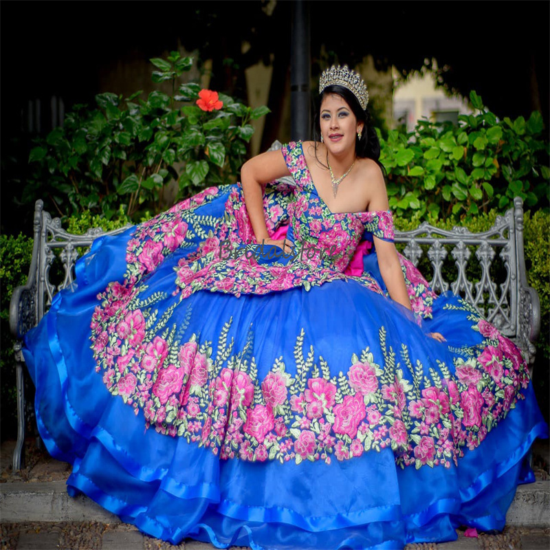 Blue Mexican Flower Quinceanera Dress Vestidos De 15 Quinceanera Corset xv anos Charro Plus Size Birthday Party Gowns Prom Para Vestidos Debutantes Ma