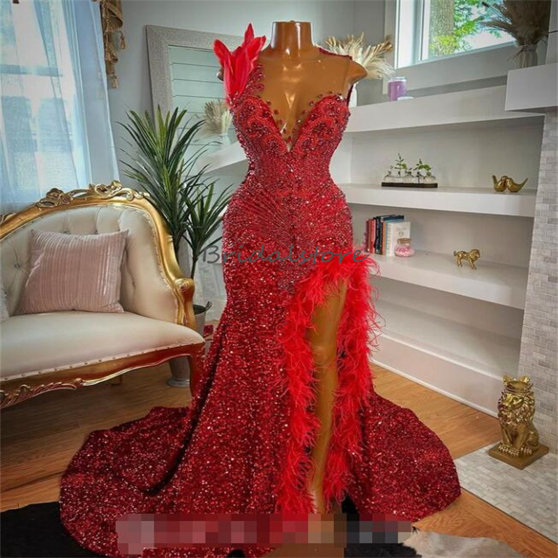 Red Sequin Luxury Evening Dress With Beaded Crystal Sparkly Feather Prom Dress For Black Girls Sexy Slit Formal Pageant Birthday Party Robes De Bal As
