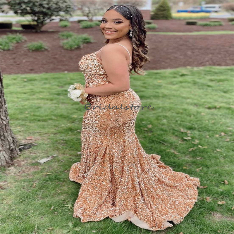 Sparkle Gold Sequin Evening Dress 2023 Glitter Mermaid Plus Size Prom Dress For Black Girls Formal Spaghetti Straps Birthday Party Robes De Bal Aso Eb