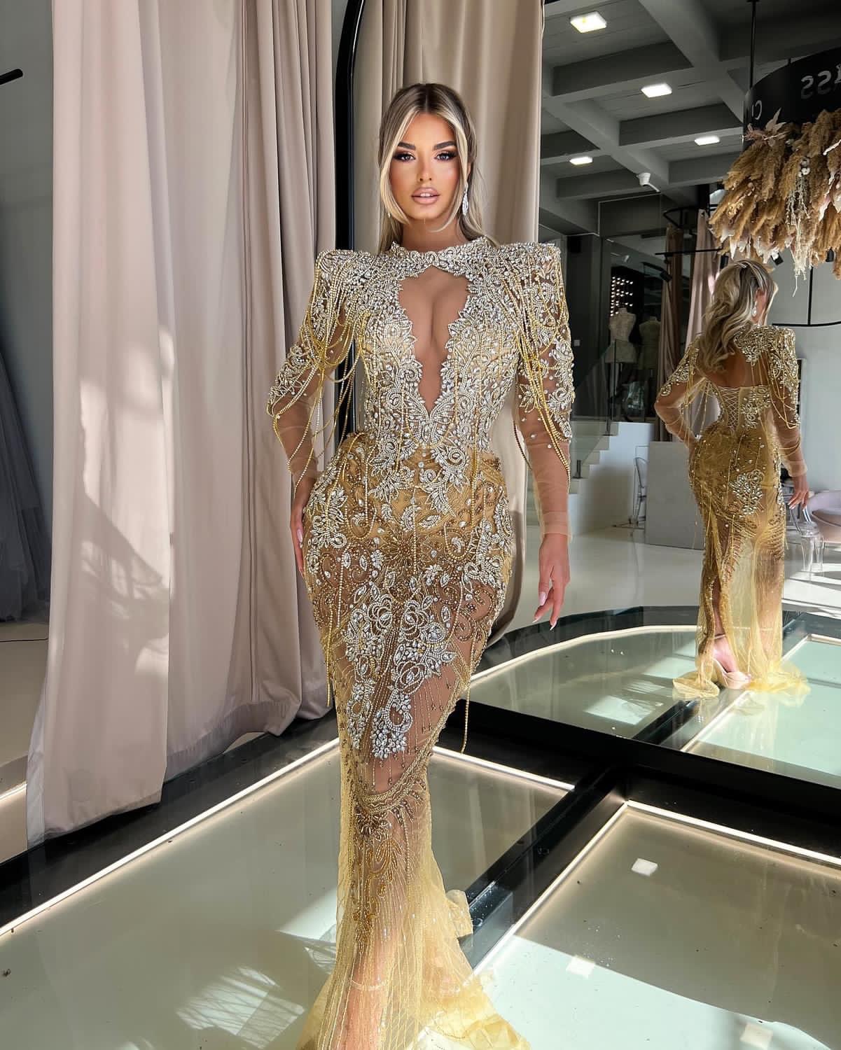 2024 Aso Ebi Arabic Gold Mermaid Prom Dress Beaded Crystals Satiin Evening Formal Party Second Reception Birthday Engagement Gowns Dresses Robe De Soi