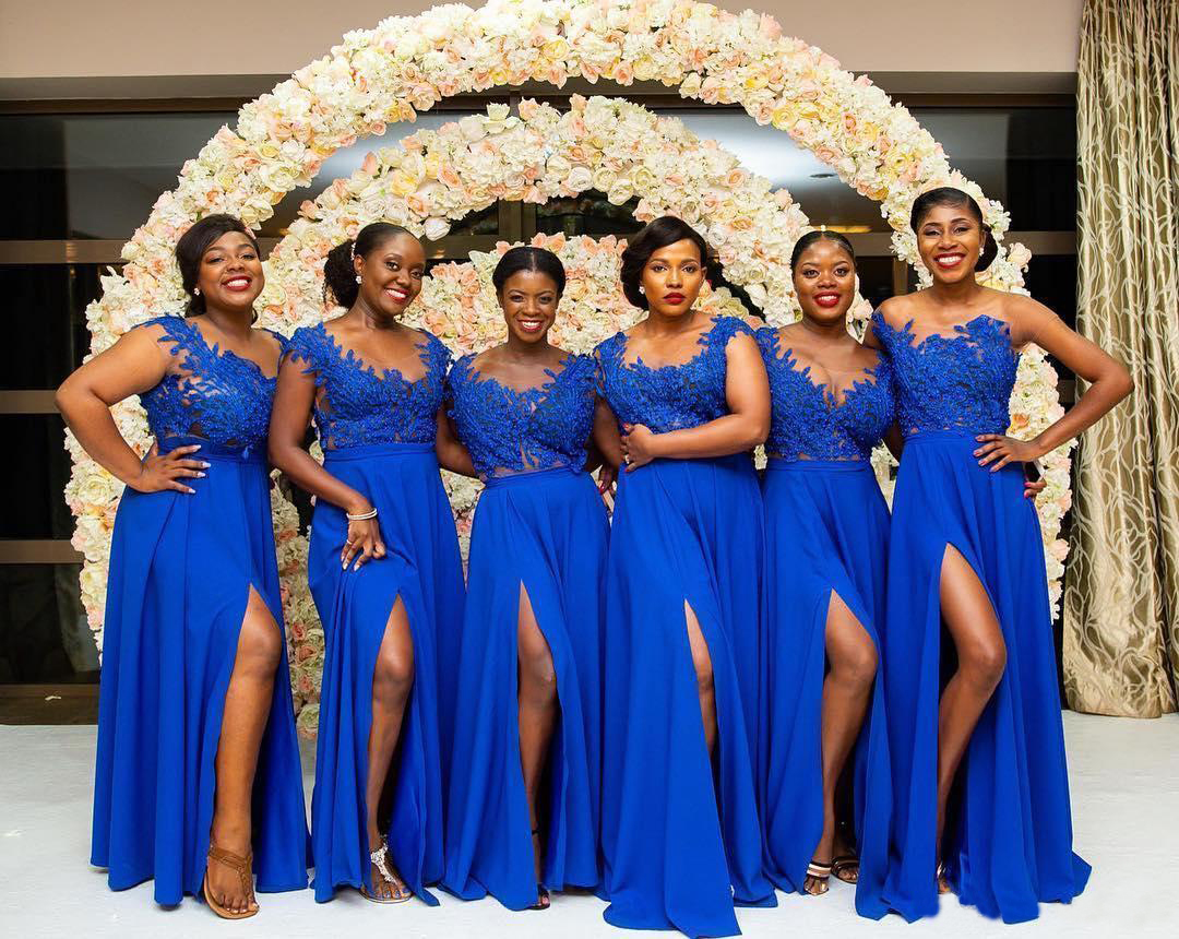 2023 Royal Blue Sexy Side Split Bridesmaid Dresses Lace Appliques African Maid of Honor Gown Black Girls Floor Length Wedding Guest Dress