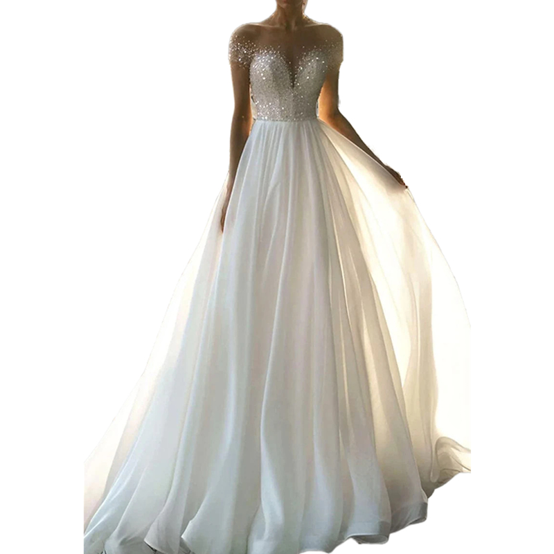 Sequins Beaded A Line Wedding Dresses Illusion Short Sleeves 2023 White Chiffon Beach Bridal Gowns Sexy Sheer Back Long Bohemian Robe De Mariee