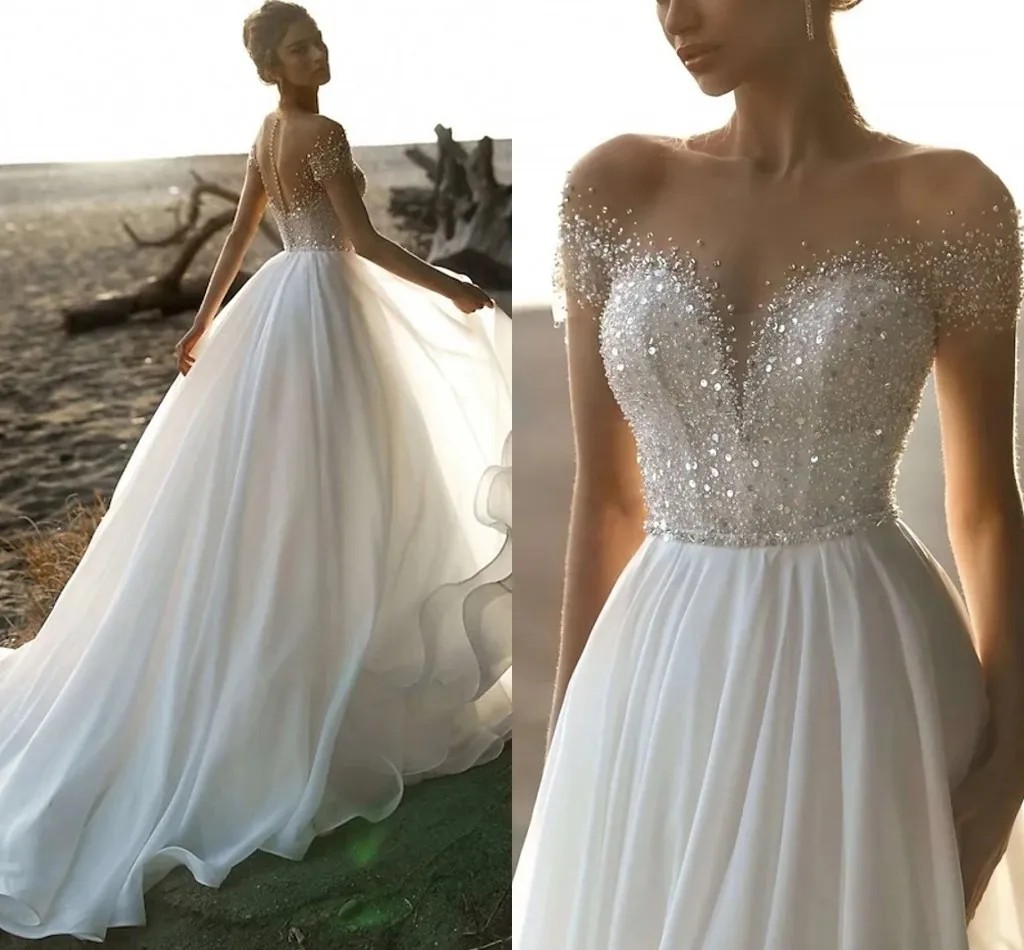 Sequins Beaded A Line Wedding Dresses Illusion Short Sleeves 2023 White Chiffon Beach Bridal Gowns Sexy Sheer Back Long Bohemian Robe De Mariee