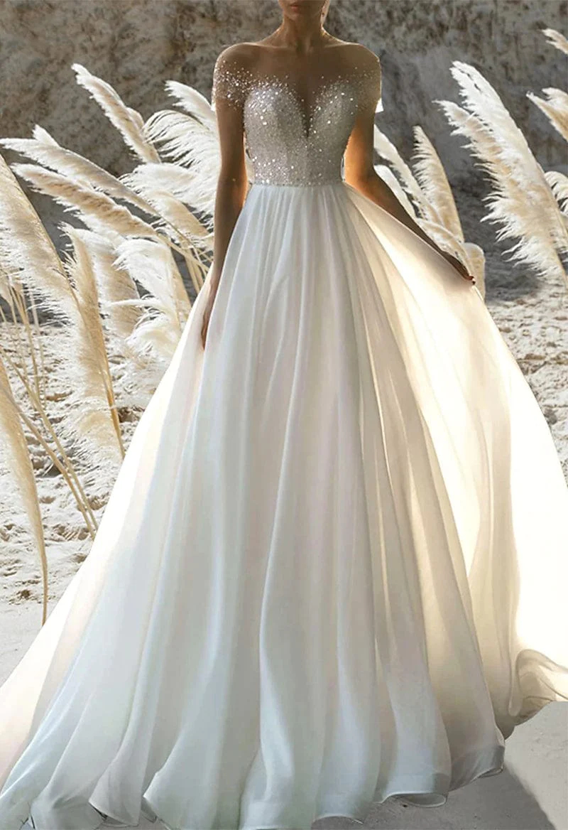 Sequins Beaded A Line Wedding Dresses Illusion Short Sleeves 2023 White Chiffon Beach Bridal Gowns Sexy Sheer Back Long Bohemian Robe De Mariee