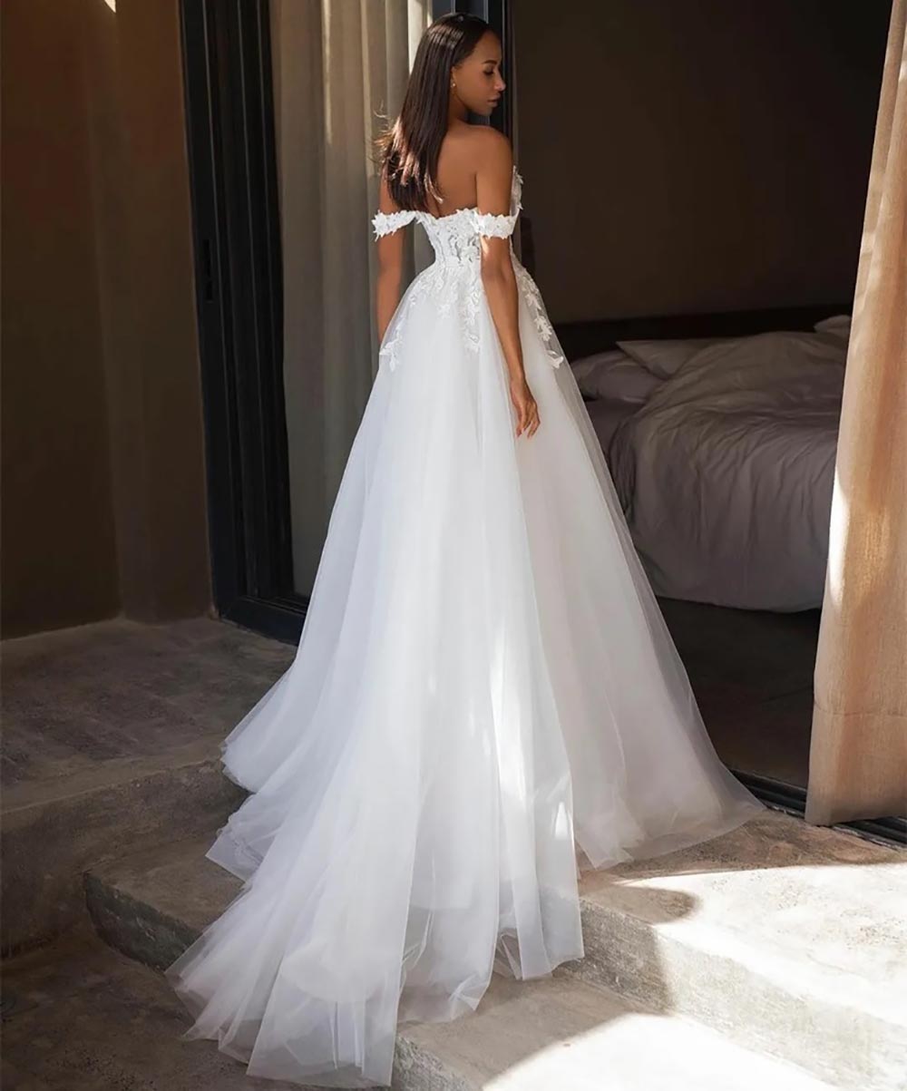 Wedding Dresses White Bridal Gowns A Line Zipper New Custom Plus Size Lace Up Ivory Sweetheart Off-Shoulder Applique Tulle Beaded Thigh-High Slits
