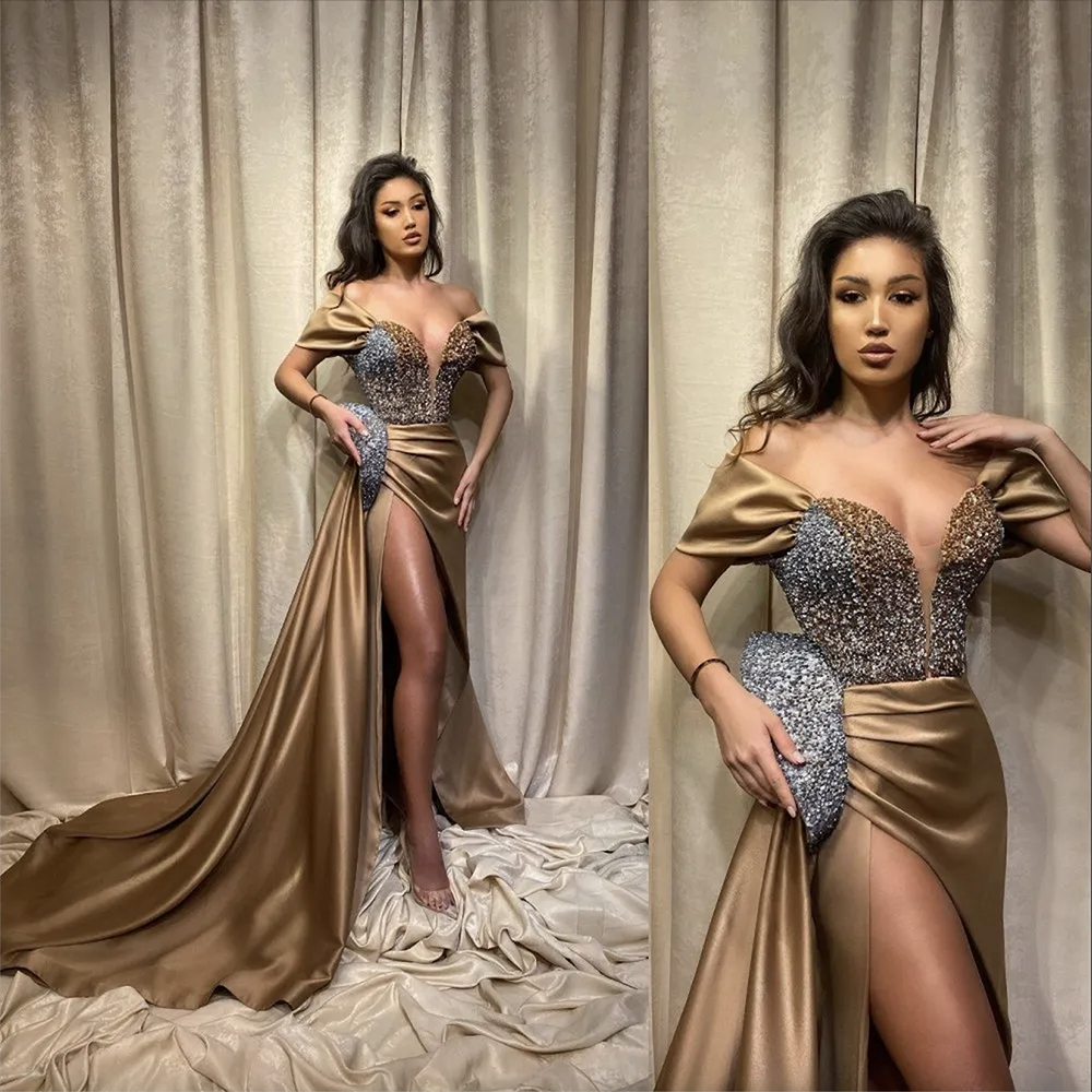 Aso Ebi Arabic Gold Sheath Prom Dresses Keyhole Illusion Crystal Beading Bg High Side Split Long Sweep Train Formal Evenin 6660306
