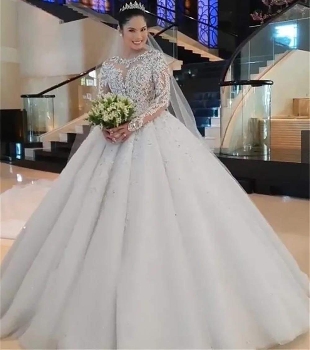 Wedding Dresses White Bridal Gowns A Line O-Neck Long Sleeve Tulle Sequins Applique Beaded Zipper New Plus Size Custom Lace Up Ivory