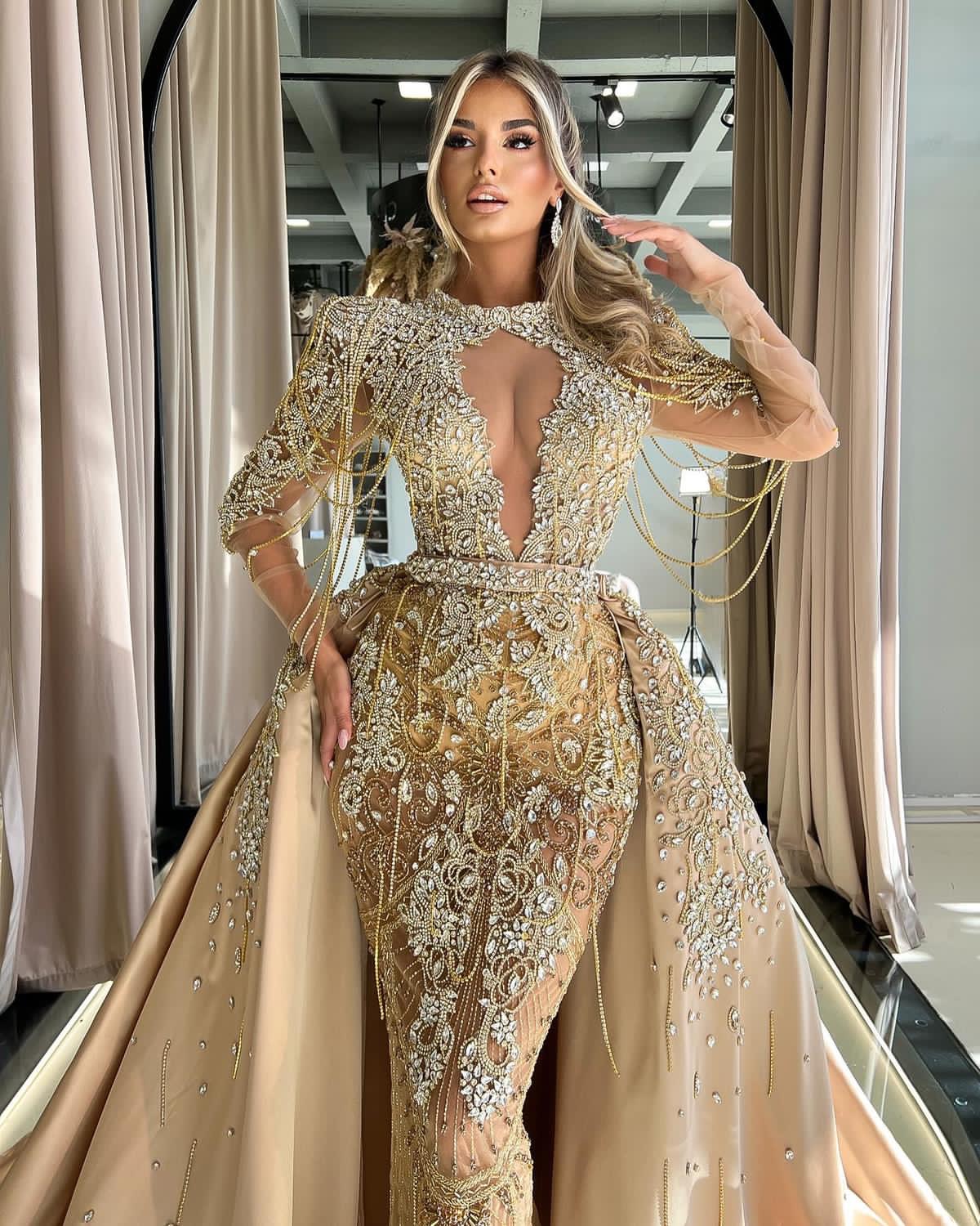 2024 Aso Ebi Arabic Gold Mermaid Prom Dress Beaded Crystals Satiin Evening Formal Party Second Reception Birthday Engagement Gowns Dresses Robe De Soi