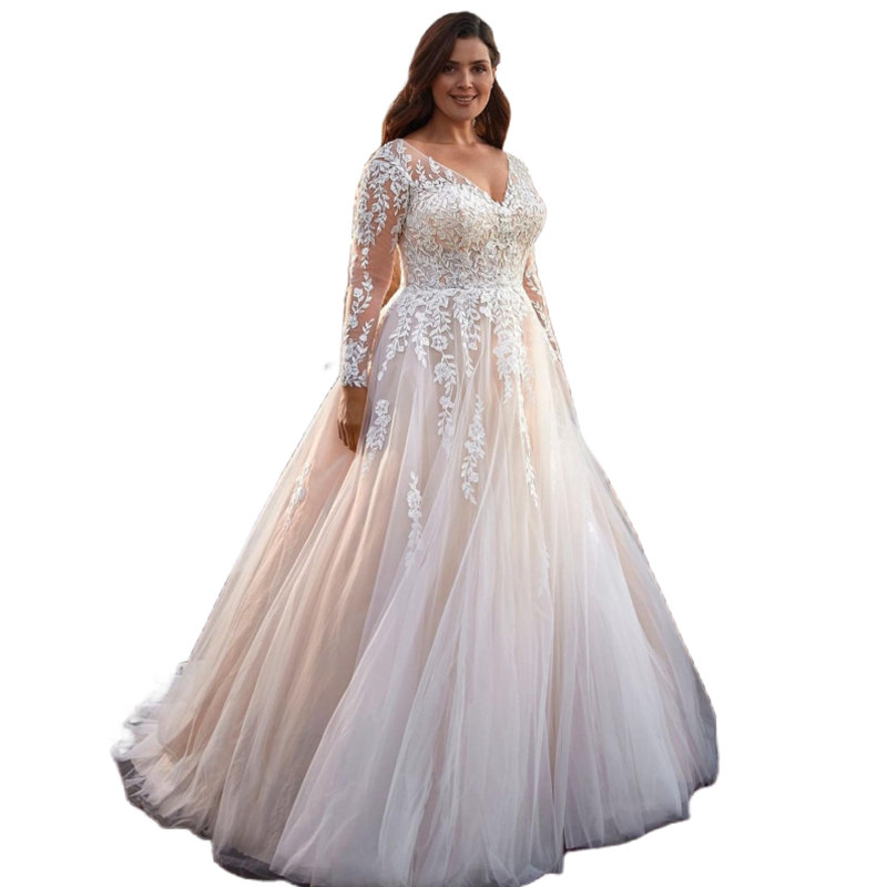 Plus Size V-Neck A Line Wedding Dresses Long Sleeves Fall Country Bridal Gowns Lace Appliques Top Ivory Tulle Bride Wear Floor Length Robe