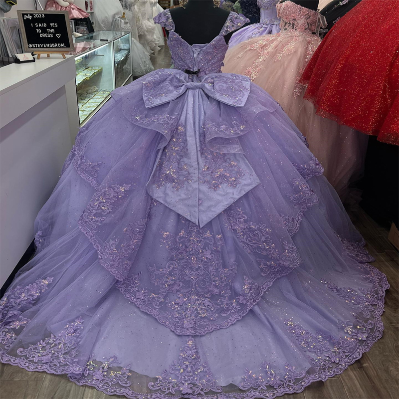 Luxury Glittering Lavender Sweetheart Off-Shoulder Quinceanera Dresses Applique Lace Vestidos De 15 Anos Birthday Party Corset Ball Gown