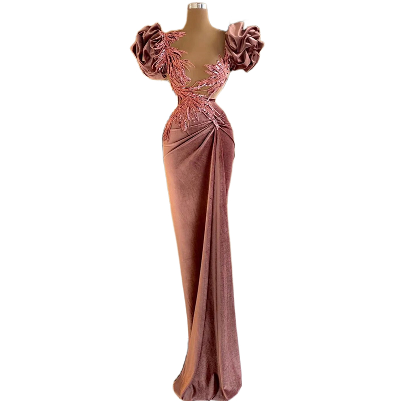 Elegant Rose Pink Velvet Evening Dresses Sequined Pleats Sheer Neck Prom Gowns Short Puffy Sleeves Sexy Celebrity Party Dress Custom Made